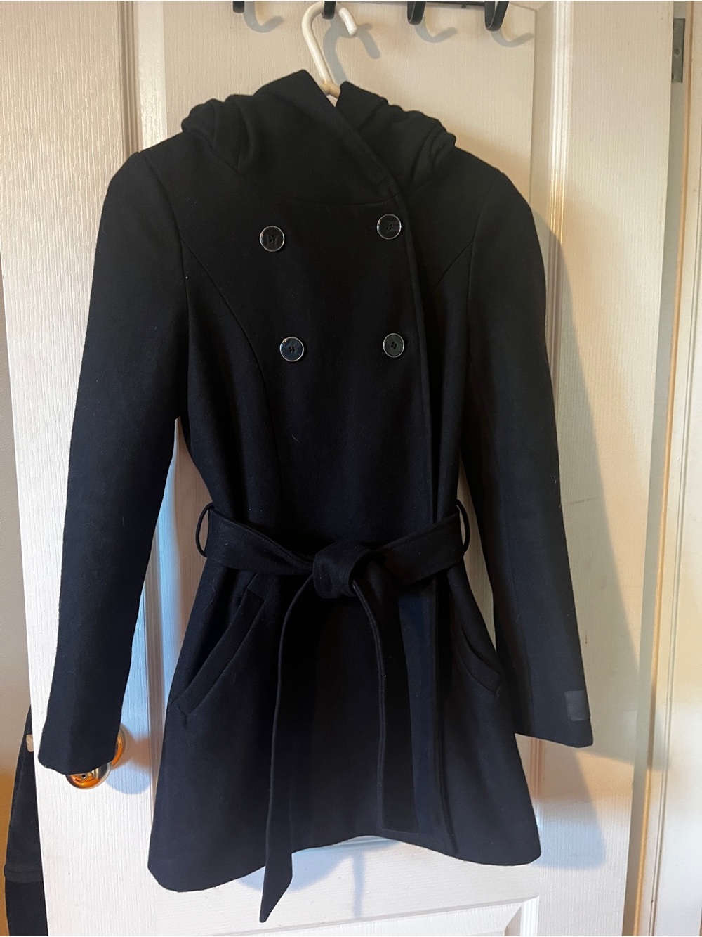 le chateau Black Double-Breasted Hooded Wool-Blend Pea Coat